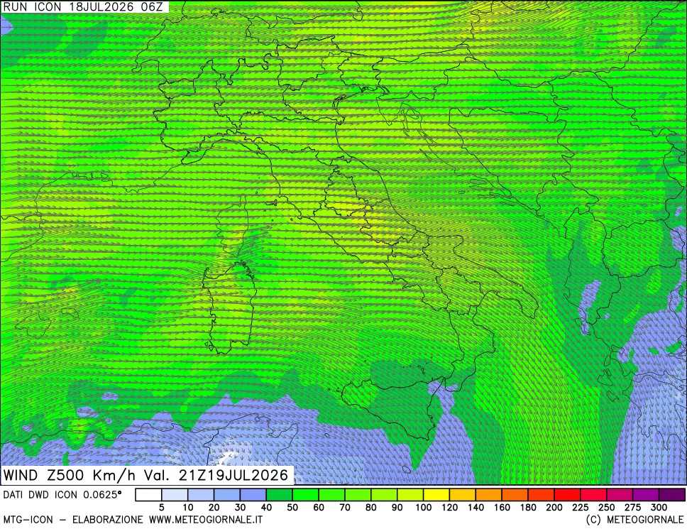 mappa 500 hPa Vento forza e direzione