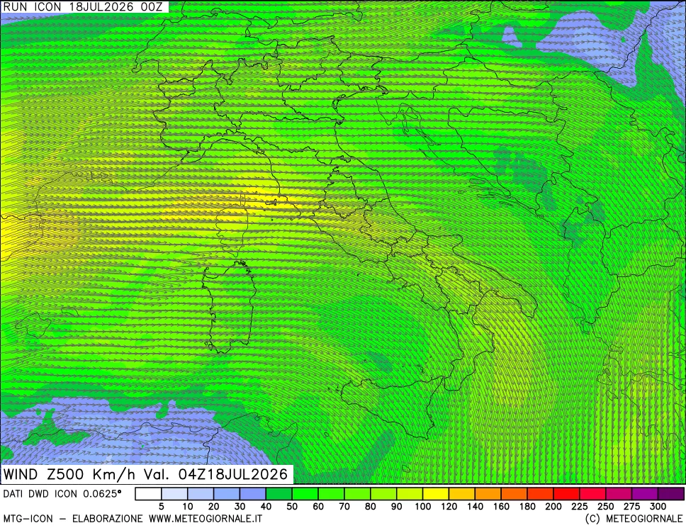 mappa 500 hPa Vento forza e direzione
