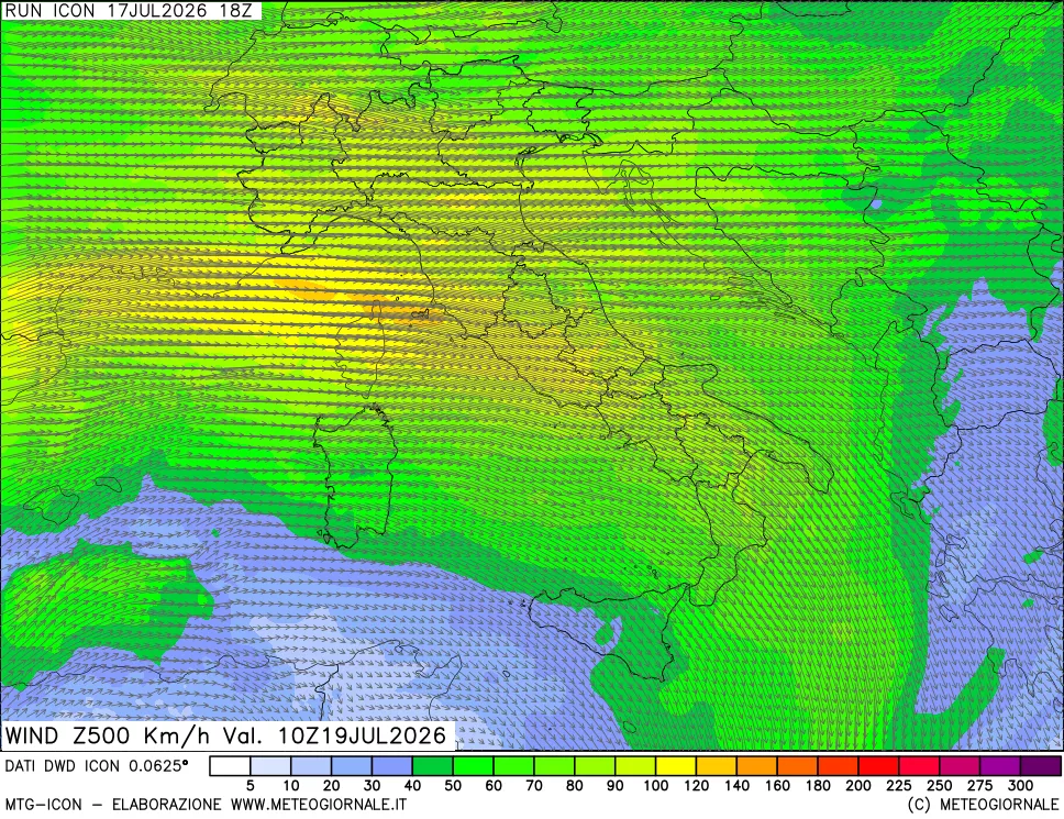 mappa 500 hPa Vento forza e direzione