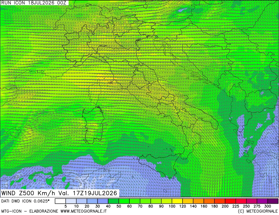 mappa 500 hPa Vento forza e direzione