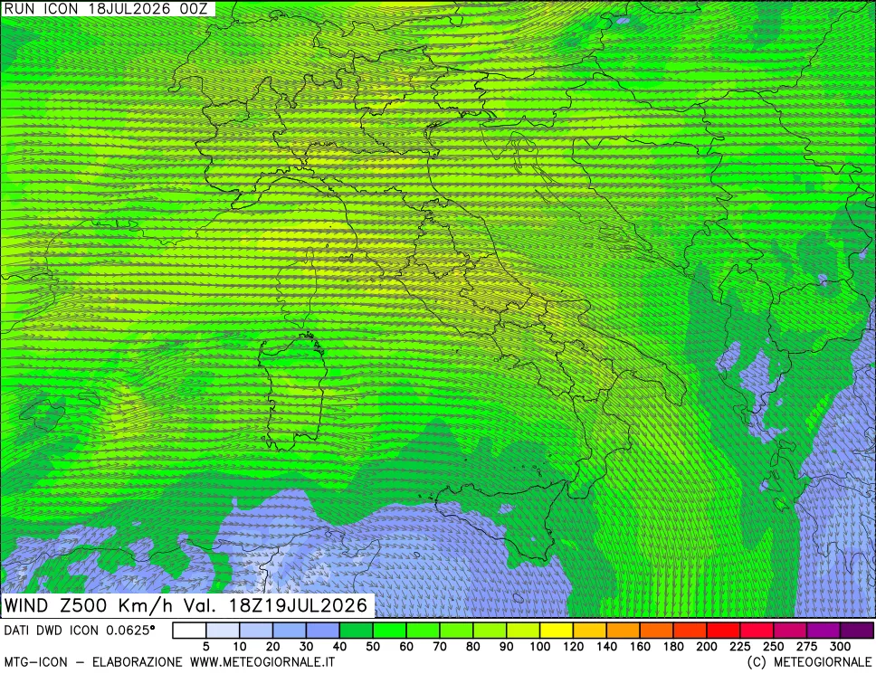 mappa 500 hPa Vento forza e direzione