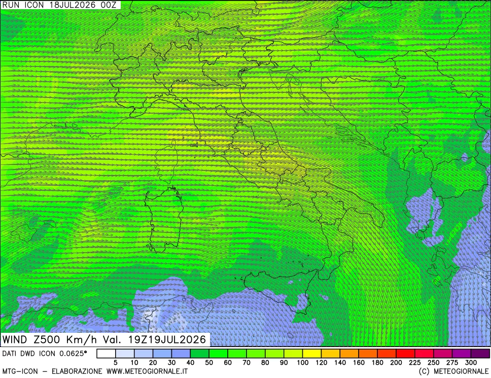 mappa 500 hPa Vento forza e direzione