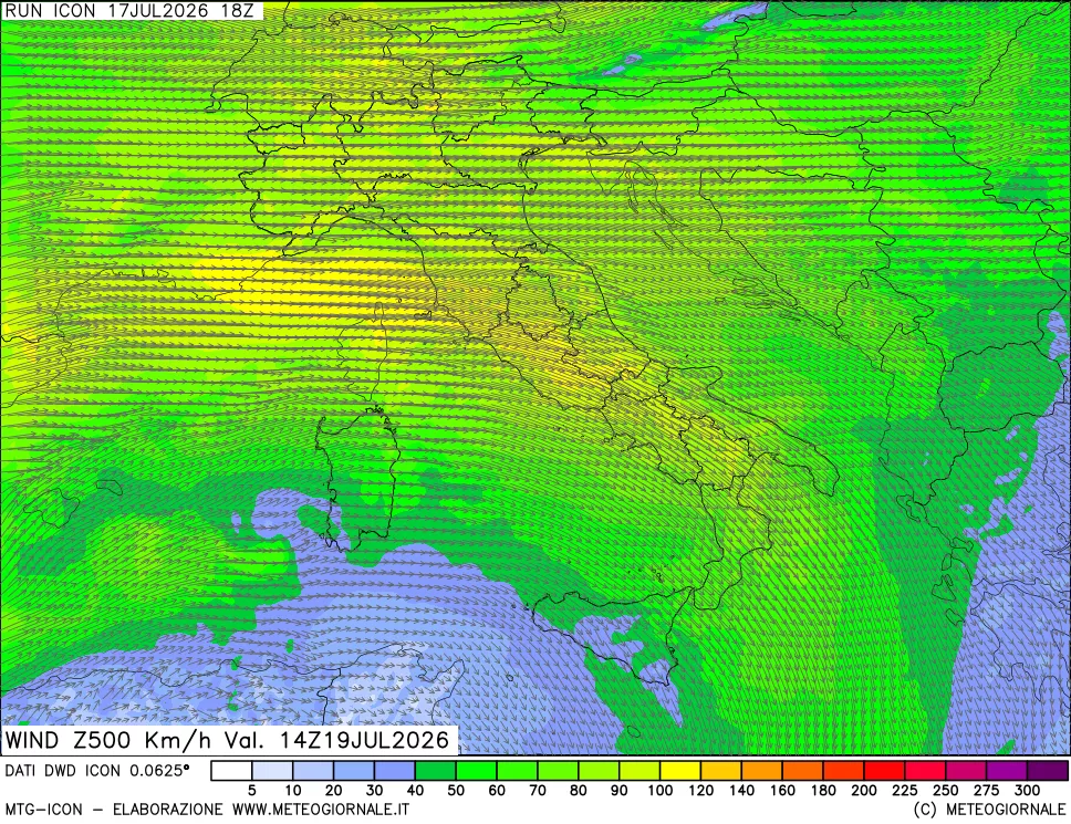 mappa 500 hPa Vento forza e direzione
