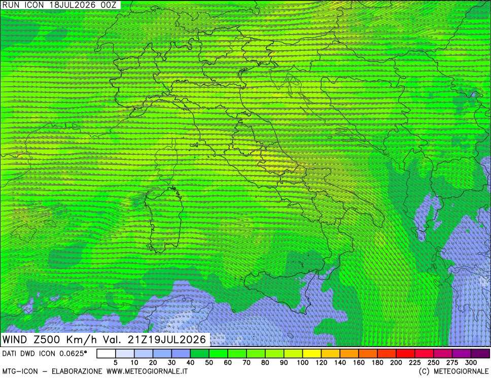 mappa 500 hPa Vento forza e direzione