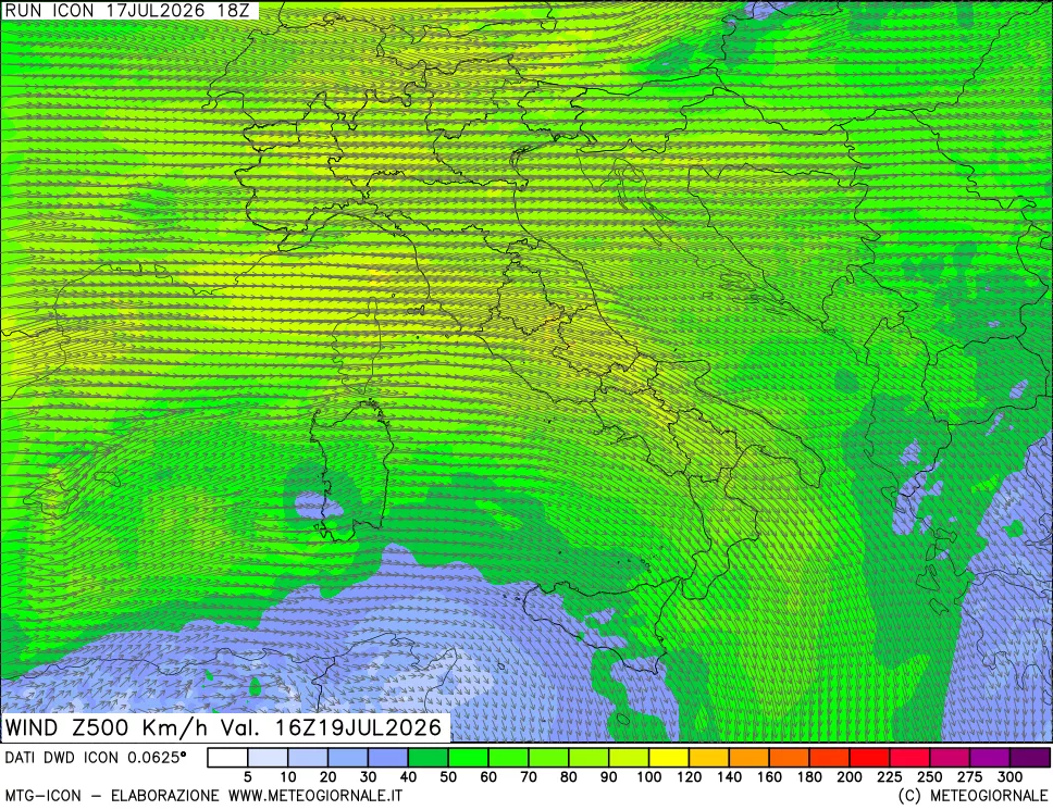 mappa 500 hPa Vento forza e direzione