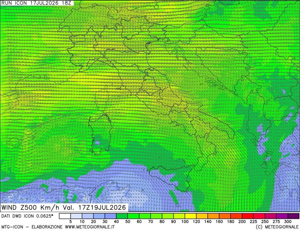 mappa 500 hPa Vento forza e direzione
