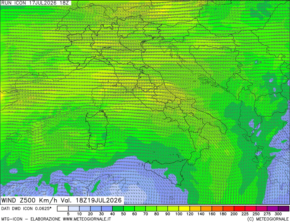 mappa 500 hPa Vento forza e direzione