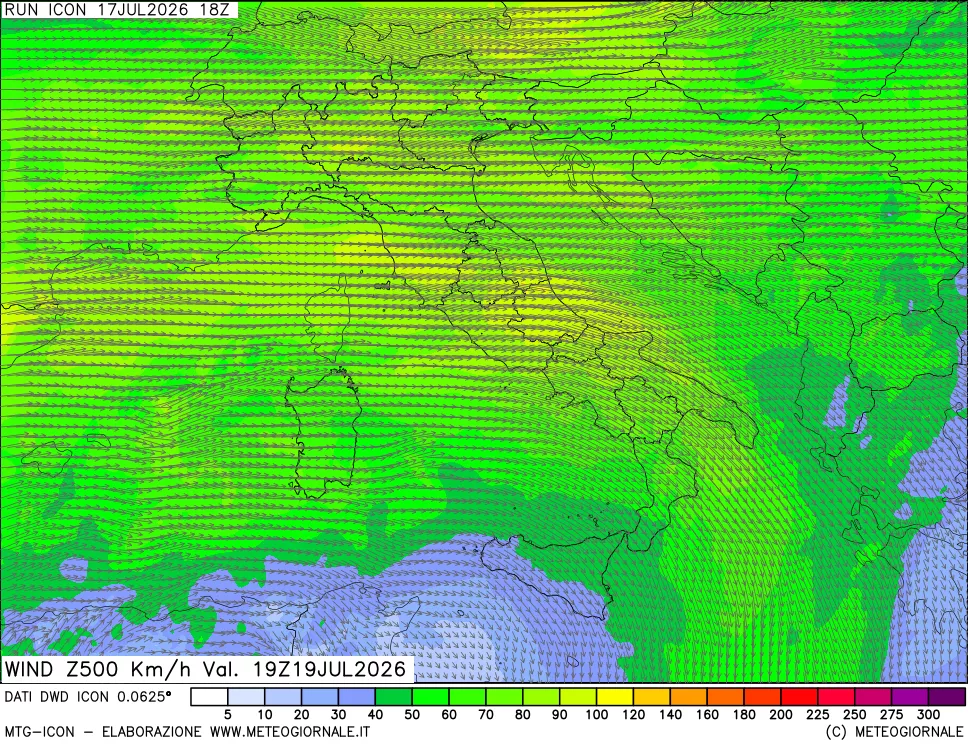 mappa 500 hPa Vento forza e direzione