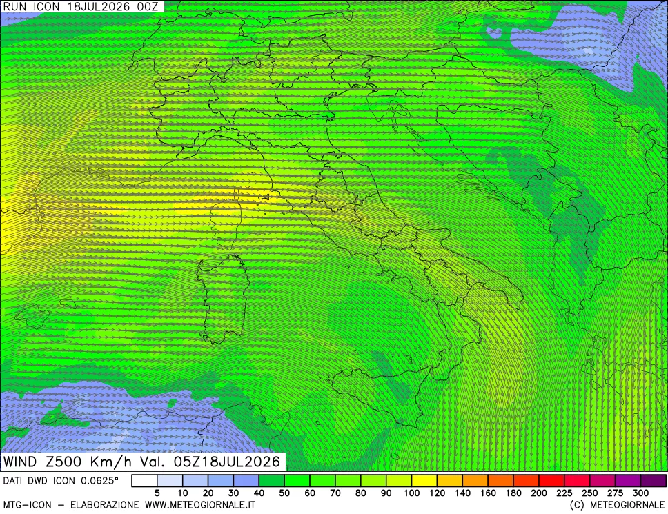mappa 500 hPa Vento forza e direzione