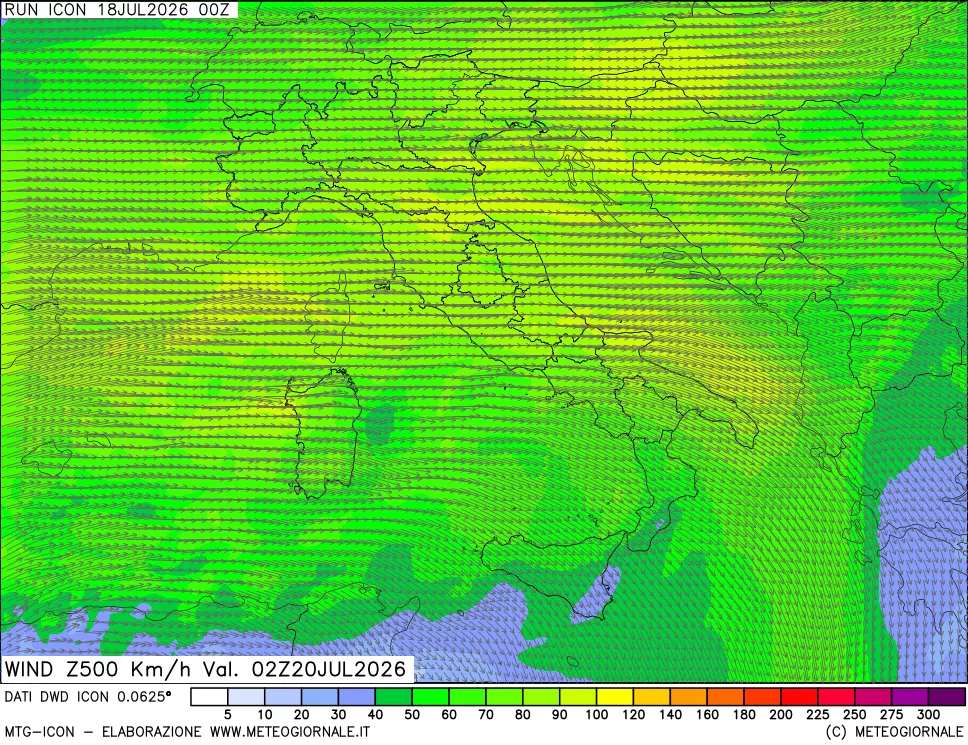 mappa 500 hPa Vento forza e direzione