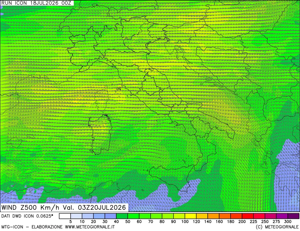 mappa 500 hPa Vento forza e direzione