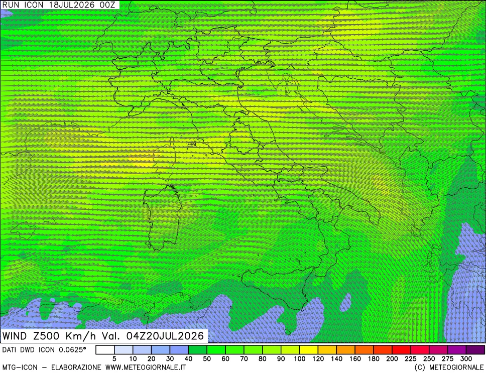 mappa 500 hPa Vento forza e direzione