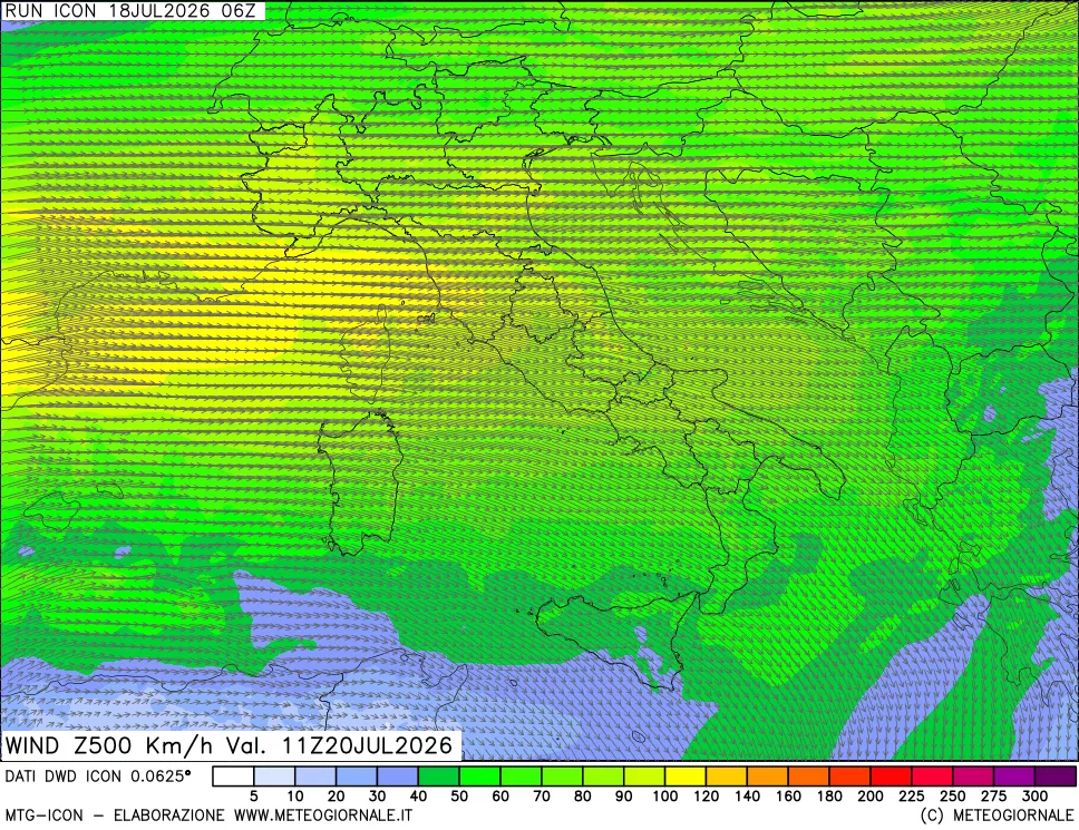 mappa 500 hPa Vento forza e direzione
