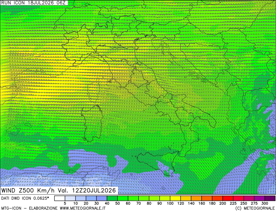 mappa 500 hPa Vento forza e direzione