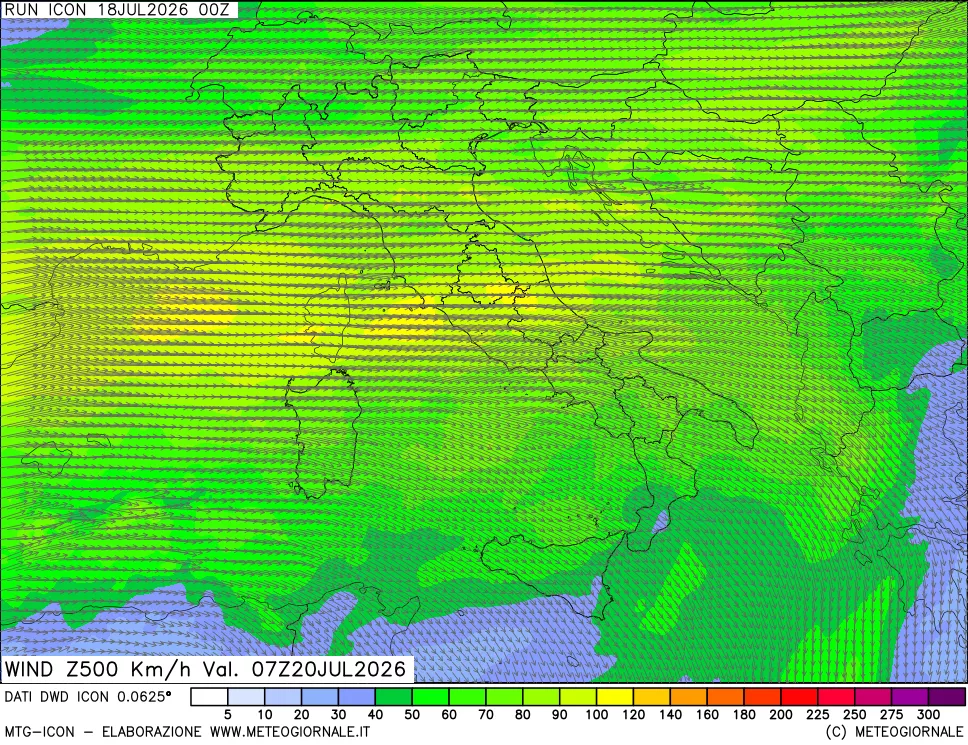 mappa 500 hPa Vento forza e direzione