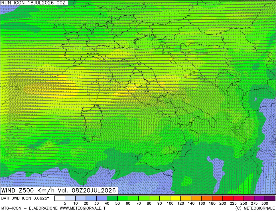 mappa 500 hPa Vento forza e direzione