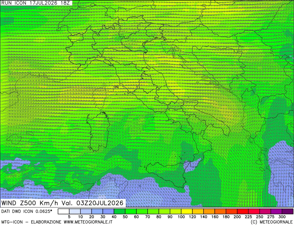 mappa 500 hPa Vento forza e direzione
