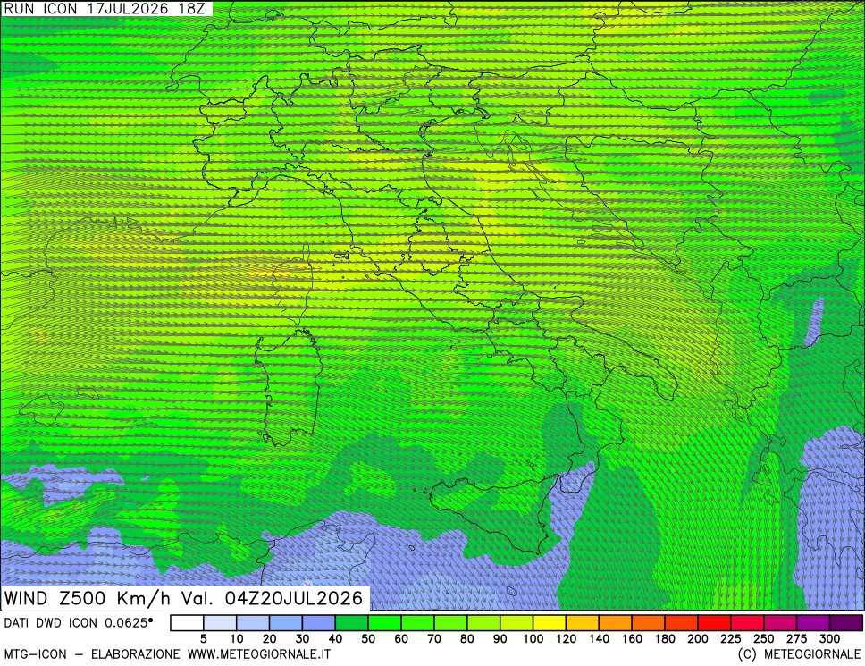 mappa 500 hPa Vento forza e direzione
