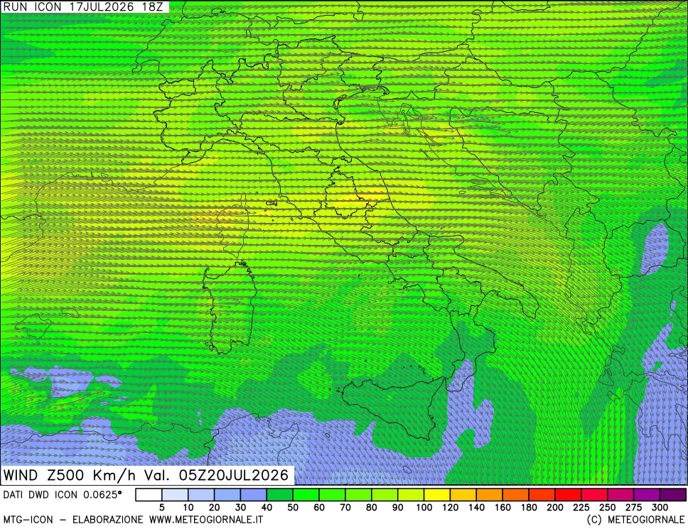 mappa 500 hPa Vento forza e direzione