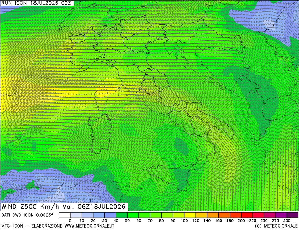 mappa 500 hPa Vento forza e direzione