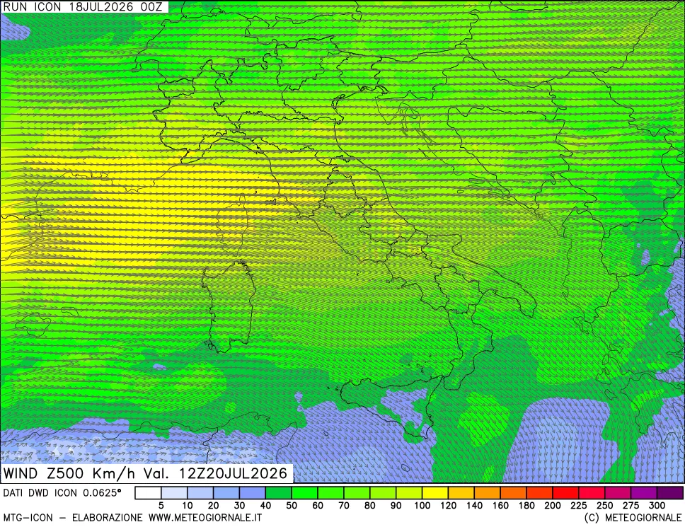 mappa 500 hPa Vento forza e direzione