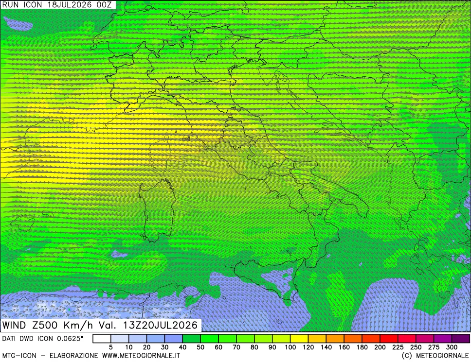 mappa 500 hPa Vento forza e direzione