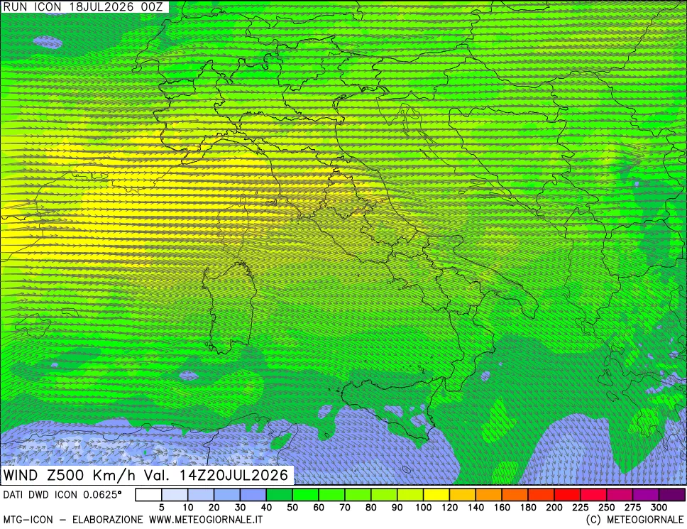 mappa 500 hPa Vento forza e direzione