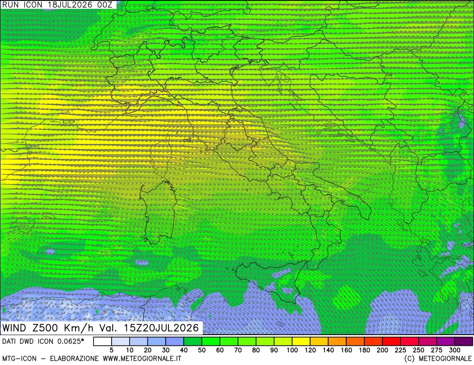 mappa 500 hPa Vento forza e direzione