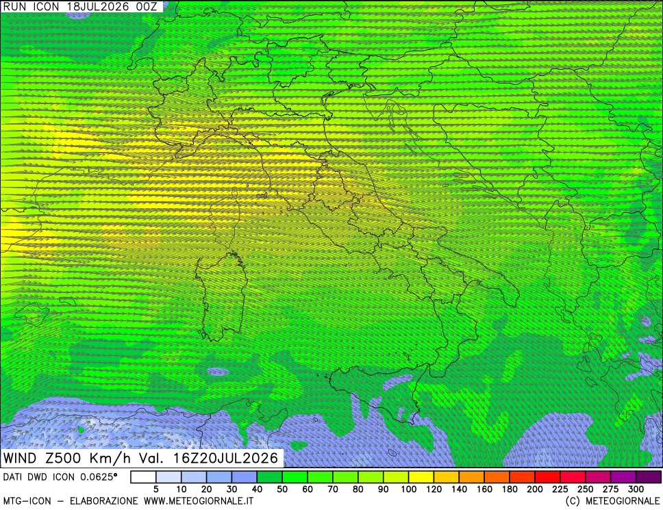 mappa 500 hPa Vento forza e direzione