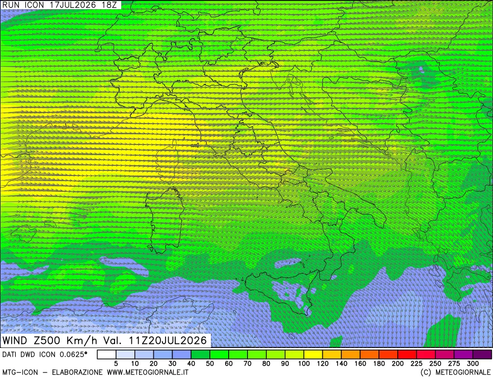 mappa 500 hPa Vento forza e direzione