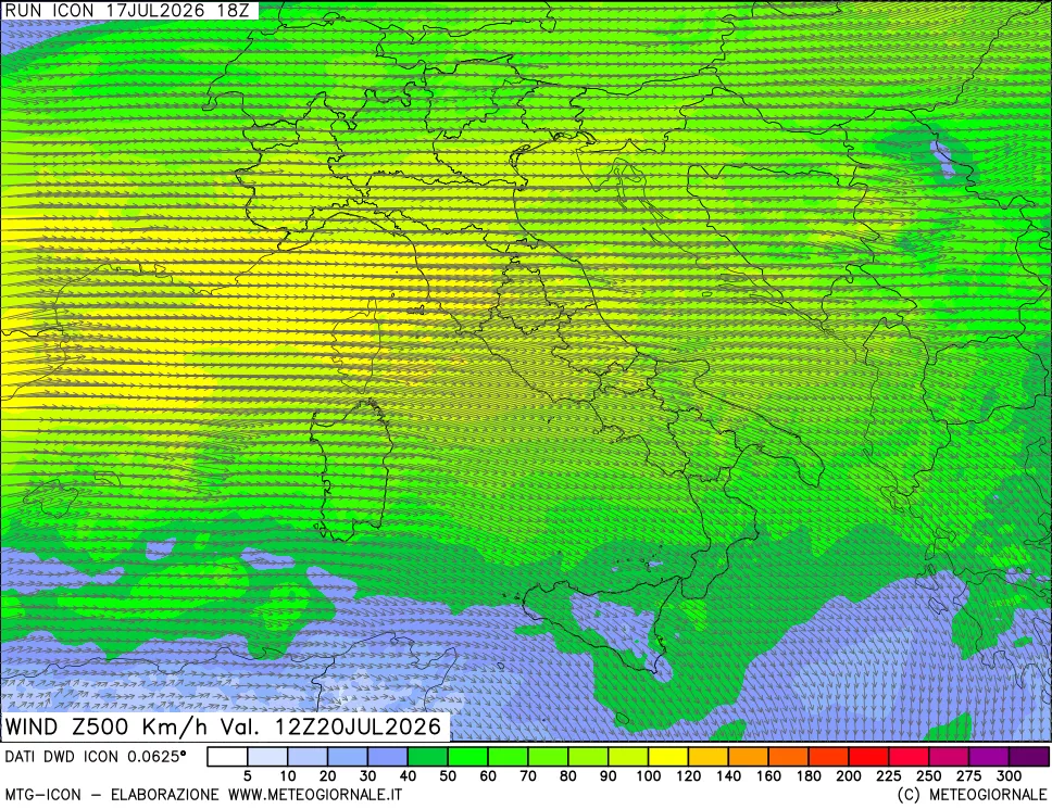 mappa 500 hPa Vento forza e direzione