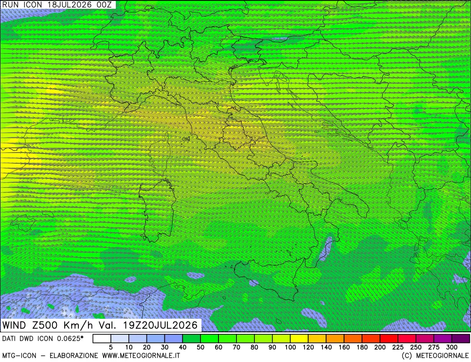 mappa 500 hPa Vento forza e direzione