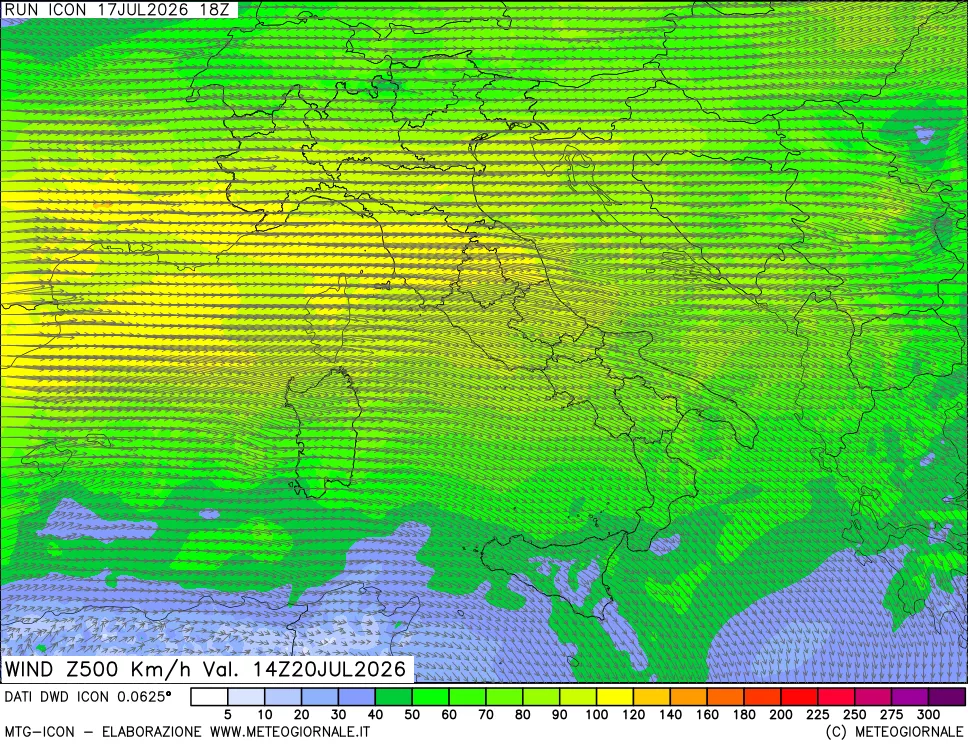 mappa 500 hPa Vento forza e direzione