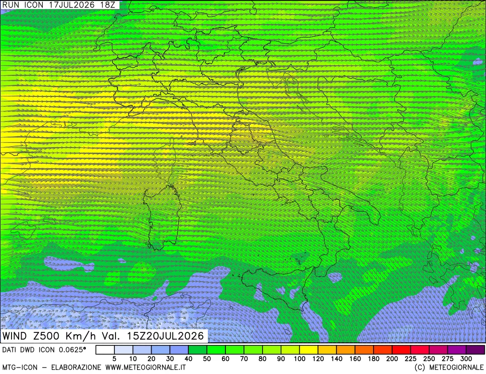 mappa 500 hPa Vento forza e direzione