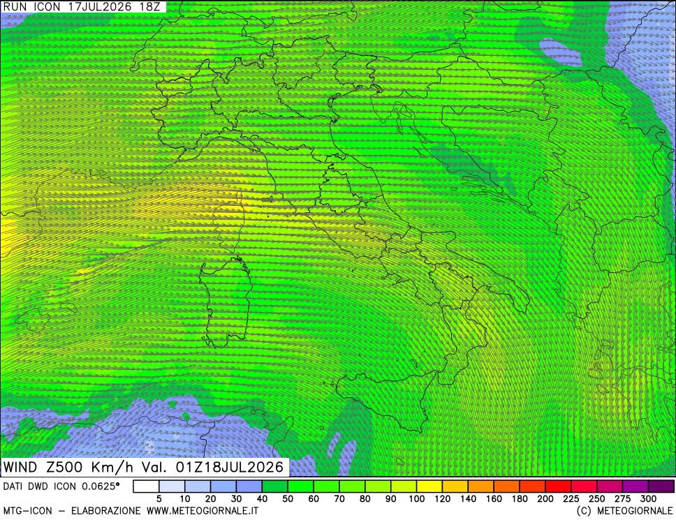 mappa 500 hPa Vento forza e direzione