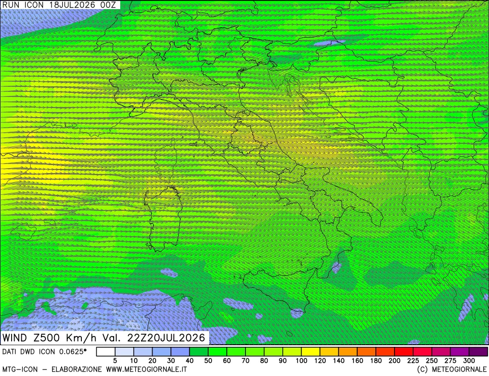 mappa 500 hPa Vento forza e direzione