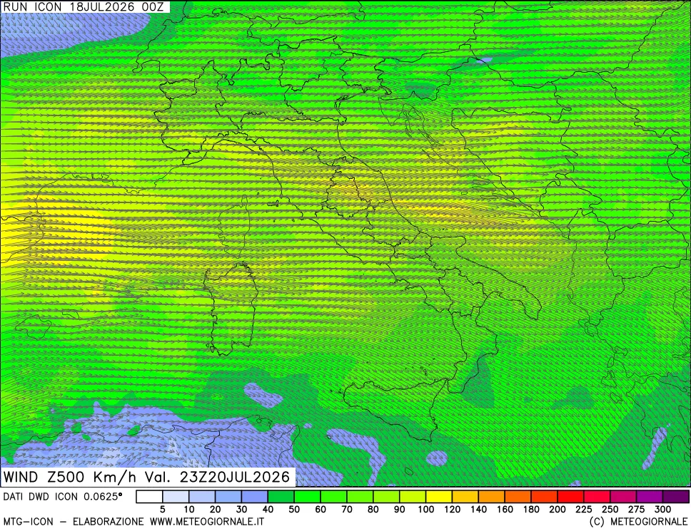 mappa 500 hPa Vento forza e direzione
