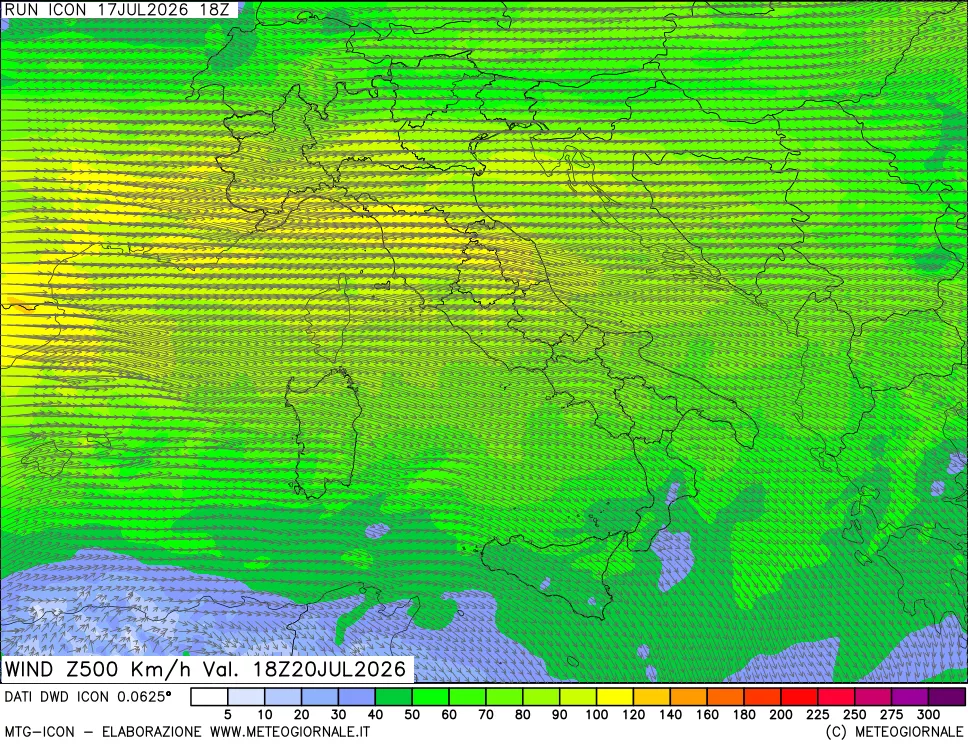 mappa 500 hPa Vento forza e direzione
