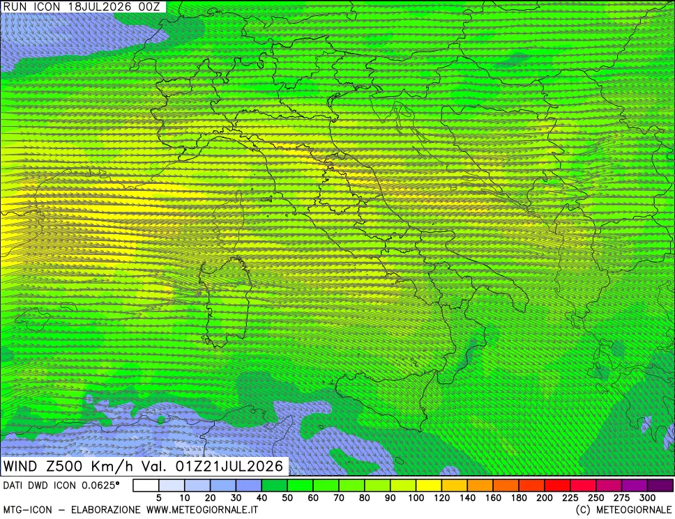 mappa 500 hPa Vento forza e direzione