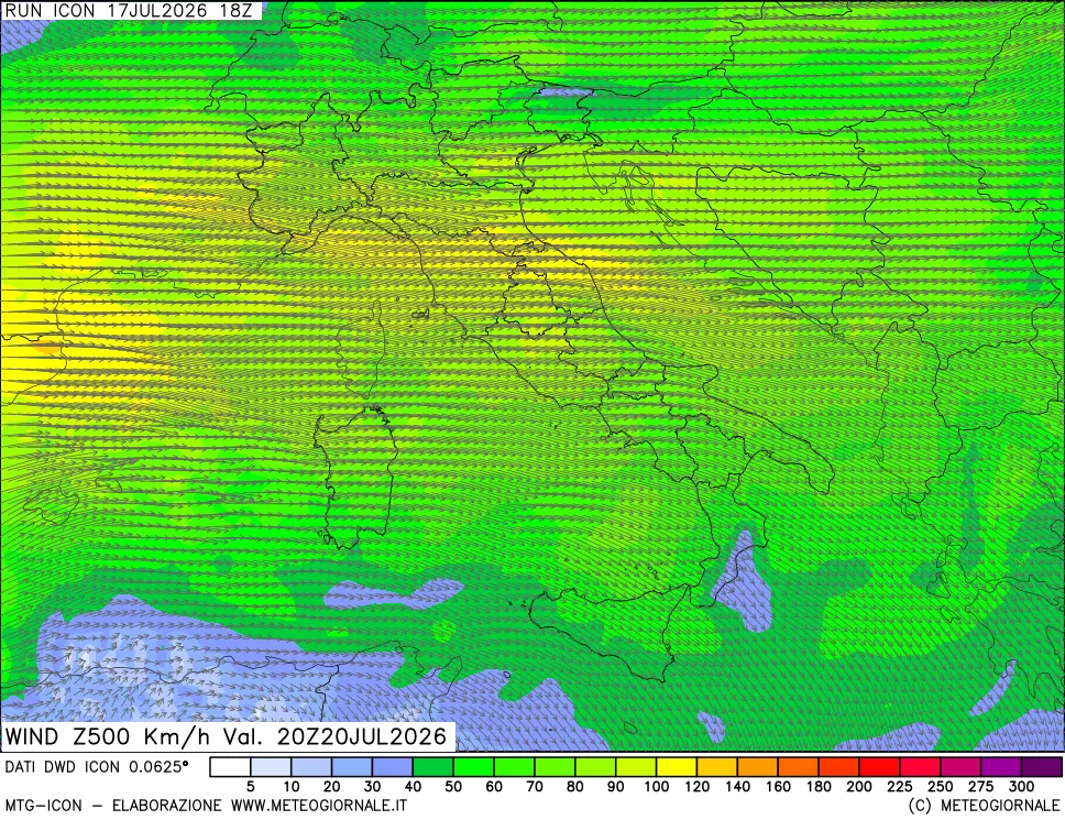 mappa 500 hPa Vento forza e direzione