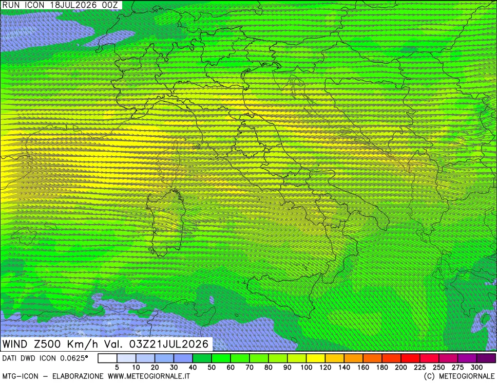 mappa 500 hPa Vento forza e direzione