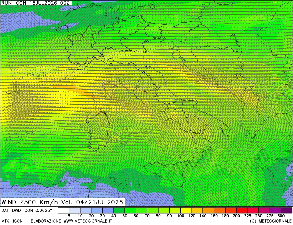 mappa 500 hPa Vento forza e direzione