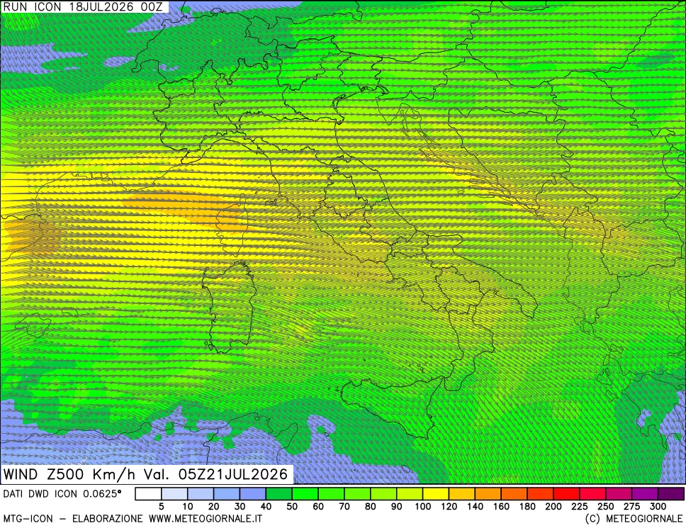 mappa 500 hPa Vento forza e direzione