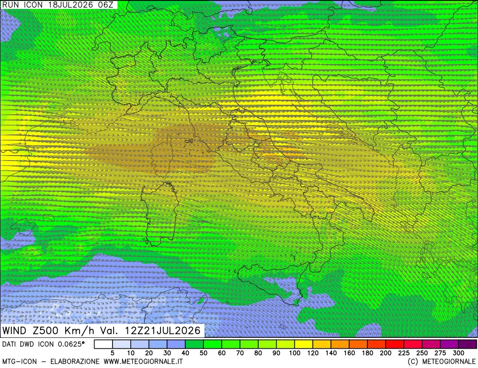 mappa 500 hPa Vento forza e direzione