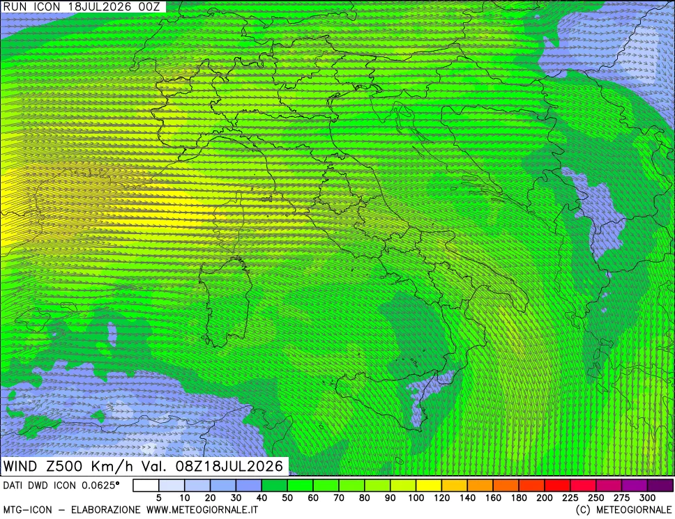 mappa 500 hPa Vento forza e direzione