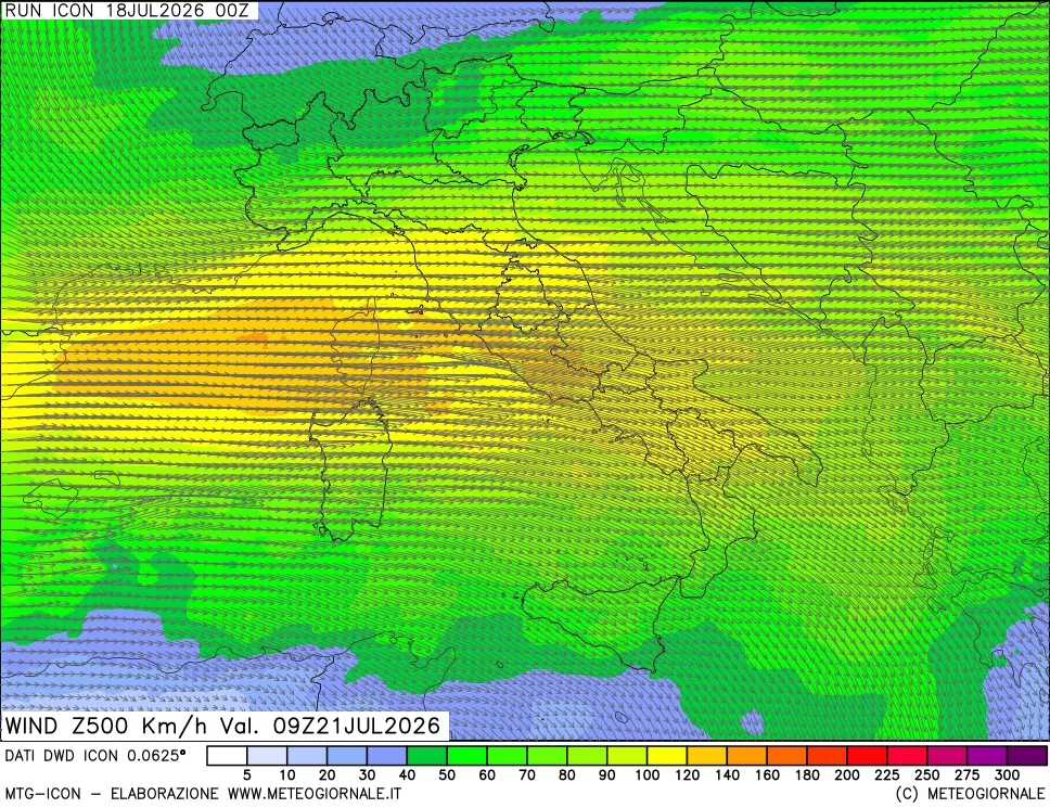 mappa 500 hPa Vento forza e direzione