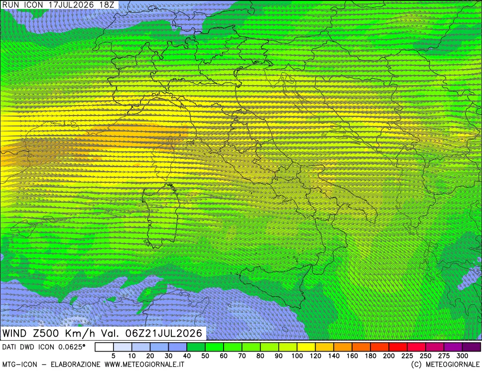 mappa 500 hPa Vento forza e direzione
