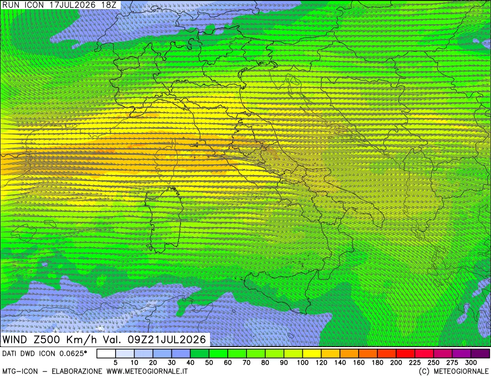 mappa 500 hPa Vento forza e direzione