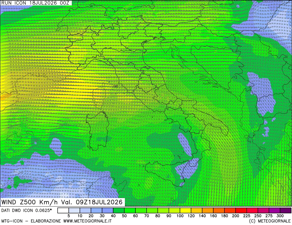 mappa 500 hPa Vento forza e direzione