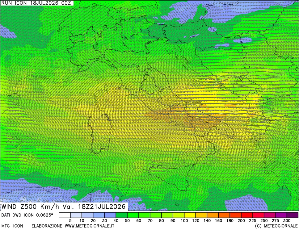 mappa 500 hPa Vento forza e direzione
